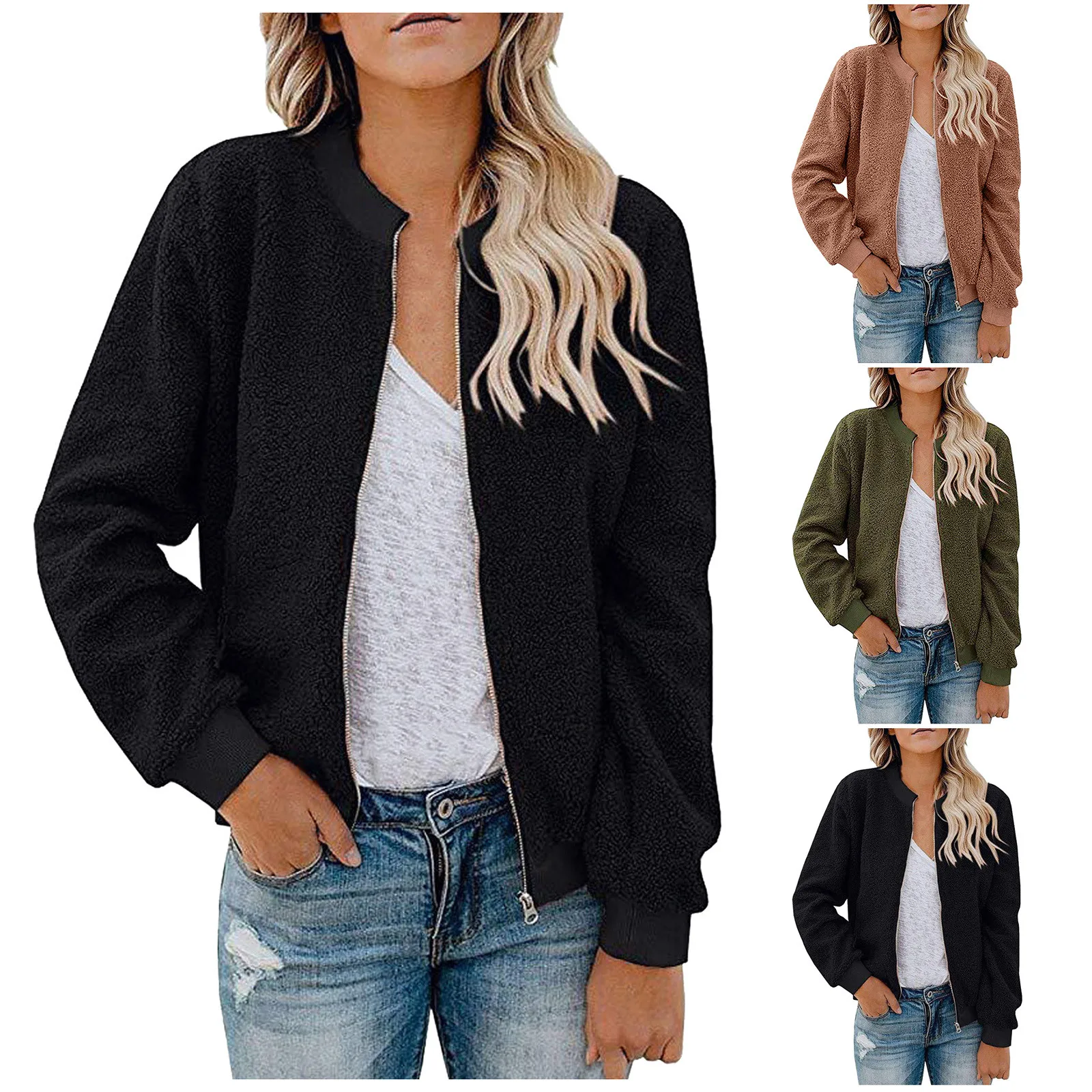 

Fashion Women's Jacket Ladies Casual British Plush Warm Solid Color O-neck Zipper Jacket Coat Top 2022 Oversized veste femme