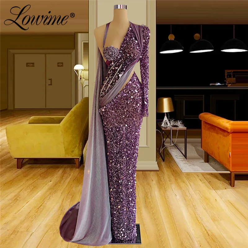

Lowime Purple Sequins Beaded Long Evening Dresses Women Arabic Dubai One Shoulder Party Dress 2021 Mermaid Crystals Prom Gowns