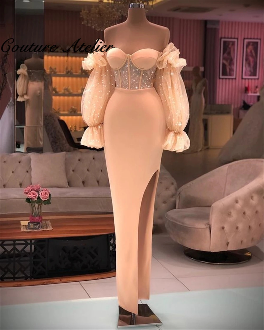 

Puff Sleeve Evening Dresses For Women 2021 Slit Prom Dress Birthday Party Gown Beaded Dinner Gowns abendkleider
