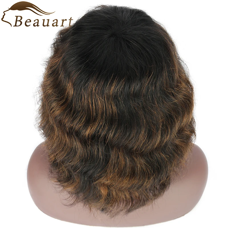 

Beauart 100% Human Hair Bob Cut Full Wig With Hair Bangs 13 Inches Short Wavy Curly Wigs For Women Ombre Brown Machine Wig