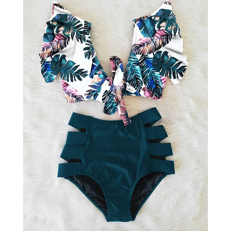 

2021 Summer Stylish Ruffled Bikini New Printed Swimsuit Bikini V-Neck Swimwear Female High Waist Beach Vacation Women Bijini