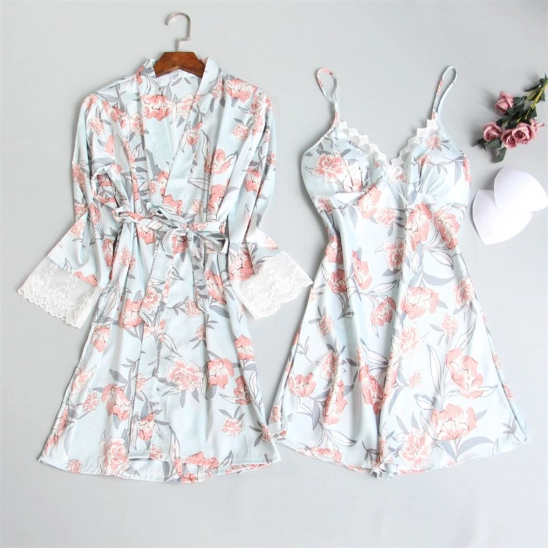 

Ladies Lace Spring Sling Nightdress Robe Homewear Women Robe Gown Set Sexy Satin 2Pcs Pajamas set