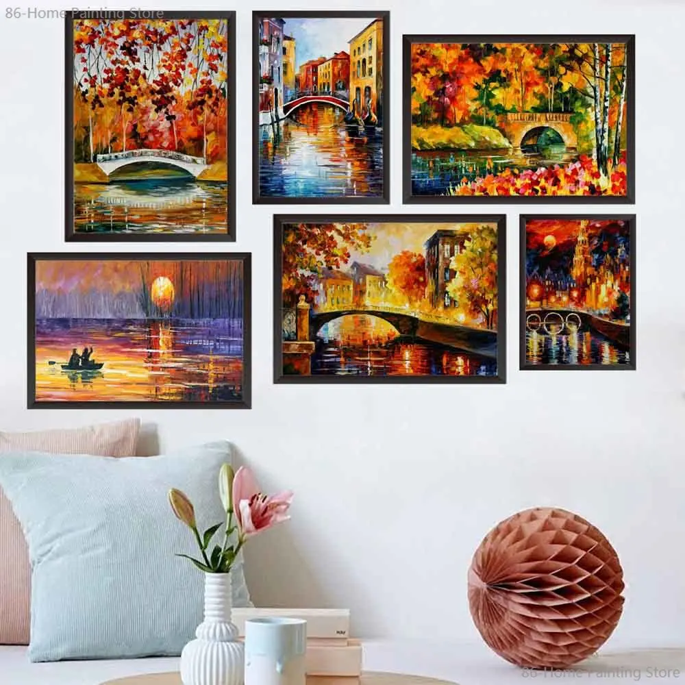 

Nordic Landscape Wall Art Canvas Painting Pictures River Bridge Ship Abstract Posters Prints Pictures for Living Home Decoration