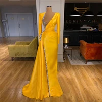 customize yellow gold satin arabic evening dress crystal long sleeve elegant prom gowns plus size women special occasion dresses