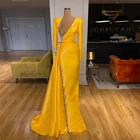 Женское атласное платье с длинным рукавом, желтое золото