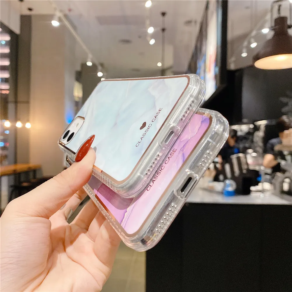 Marble Back Case for iPhone 12 mini 11 Pro Max XR XS SE2020 7 8 Plus Phone Cases Luxury Plating IMD Clear Frame Shockproof Funda | Мобильные