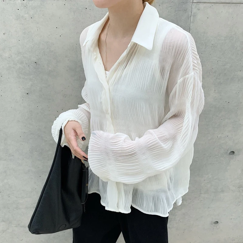 New 2020 Summer Spring Korea Style Hollow Out Turn-down Collar Full Sleeve Single Breasted Women Loose Shirt Z932 |