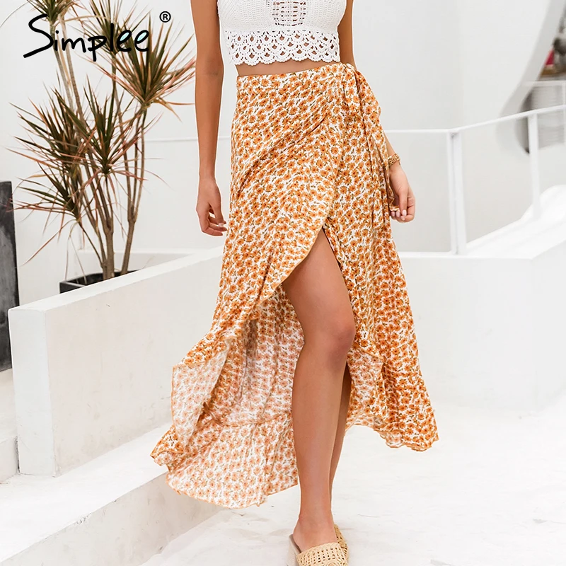 Simplee богемная Женская длинная юбка с цветочным принтом высокая талия шнуровка