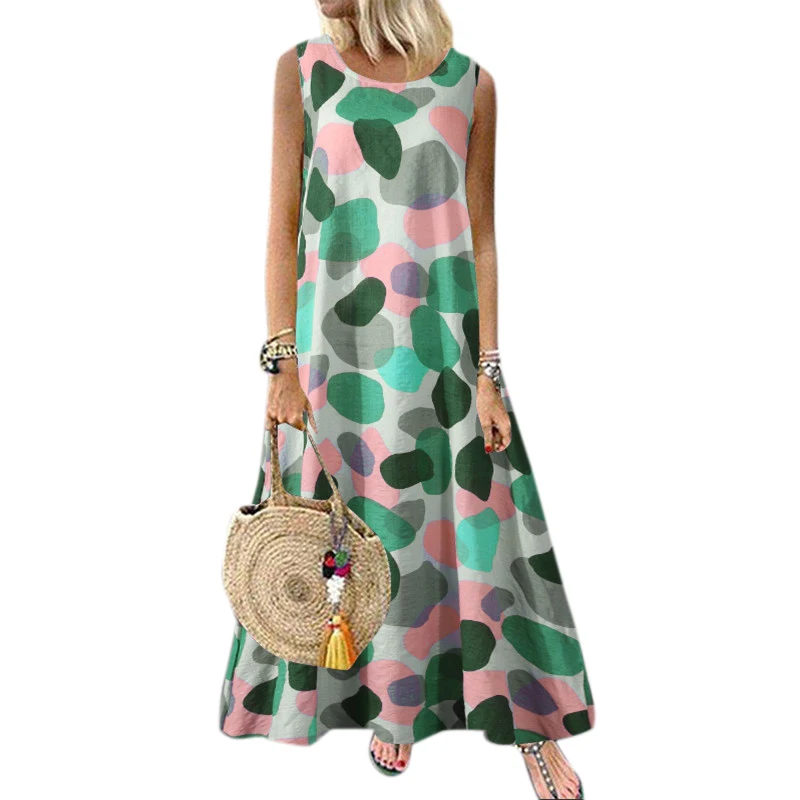 

Women Dress Maxi Printed Sleeveless Summer Dress Long Loose O neck Vintage Casual Dresses Women's Clothing Vintage Vestidos
