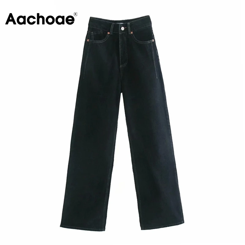 

Aachoae Women Loose Casual Cotton Mom Jeans 2020 Streetwear Zipper Fly Wide Leg Denim Trousers Solid High Waist Cowboy Pants