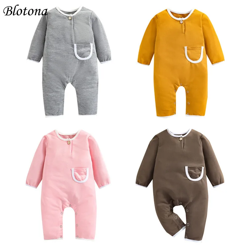 

Blotona Unisex Infant Baby Spring Fall Jumpsuit, Solid Color O-Neck Long Sleeves Rompers with Pocket for Girls, Boys, 0-24Months
