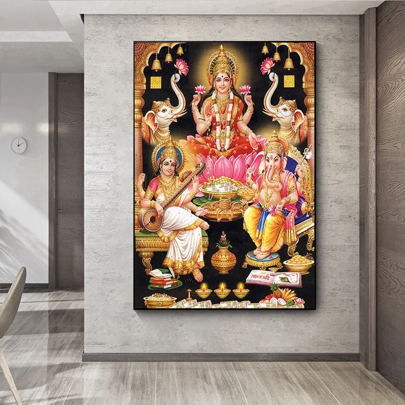 

Hindu Gods Lord Ganesha Krishna (Ganesha Krishna) Canvas Posters and Prints Mural Art Hindu Living Room Decoration Painting