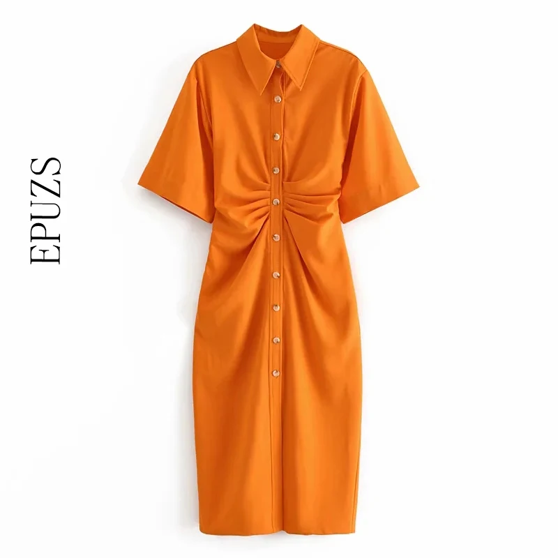 

Модное хлопковое оранжевое длинное платье для женщин, винтажное элегантное офисное платье макси с коротким рукавом, Осенние повседневные корейские платья