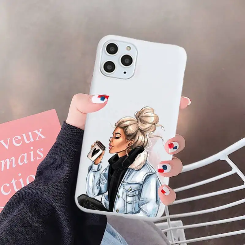

Princess Female boss coffee pattern high quality Phone Case Candy Color for iPhone 6 7 8 11 12 s mini pro X XS XR MAX Plus