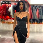 Платье-миди на тонких бретелях Meqeiss, черное сексуальное однотонное платье с открытой спиной, без рукавов, с разрезом, 2020