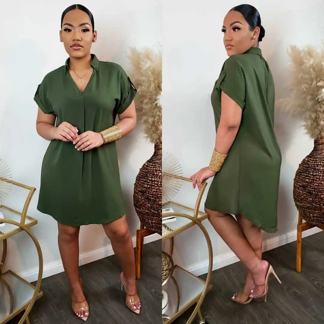 

Chocomist Dresses Casual Office Wear Solid Long Shirt Women Dress A8619