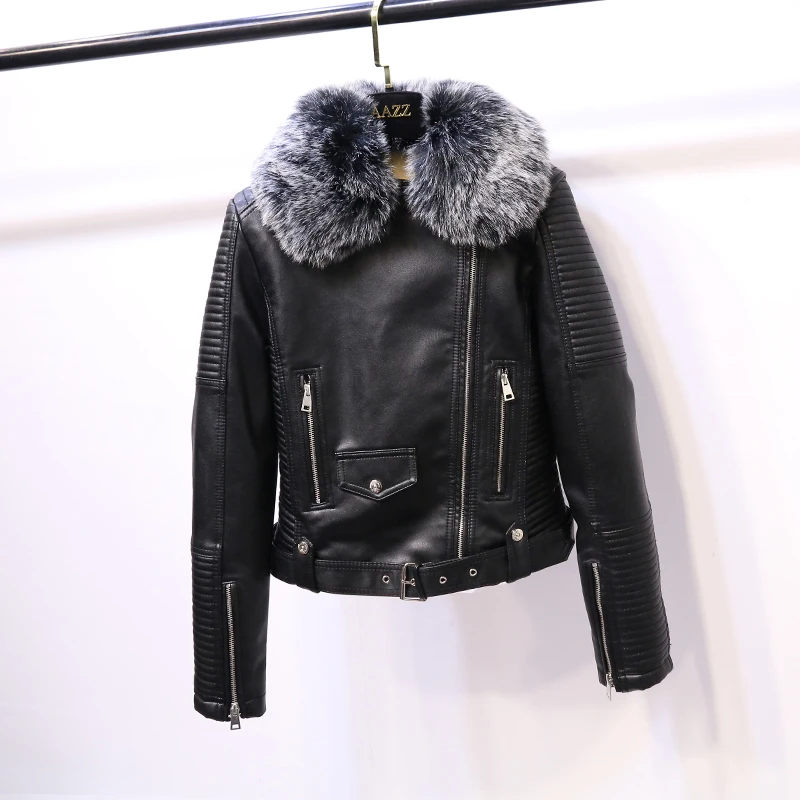Women Thick Faux Lamb Wool Winter Leather Jacket 2019 New Long Sleeve Slim With Faux Fur Short Coats Ladies Biker Moto Jackets