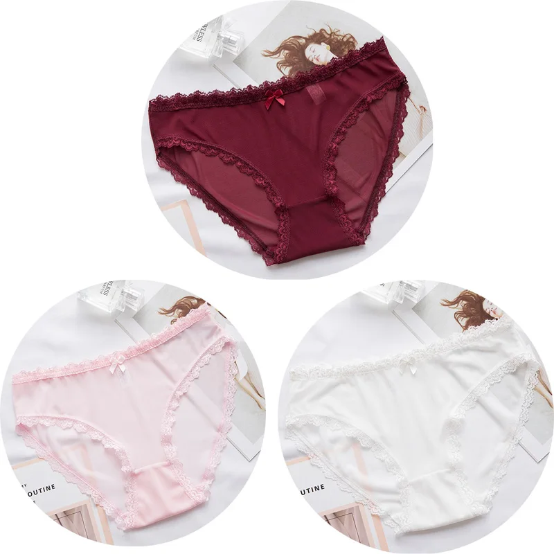 Red Pink White 3 шт Сексуальные Кружевные Трусики бесшовное женское нижнее белье трусы нейлоновая сетка для дам тонкое хлопковое прозрачное белье - Цвет: Red Pink White