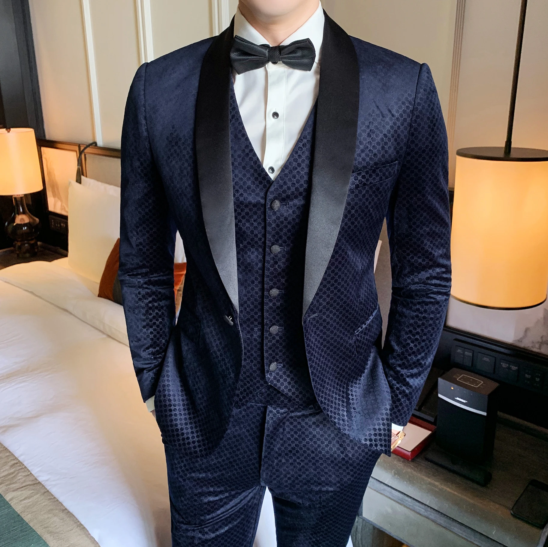 Бархатное платье костюмы мужские роскошные 3 шт. синий смокинг вечернее