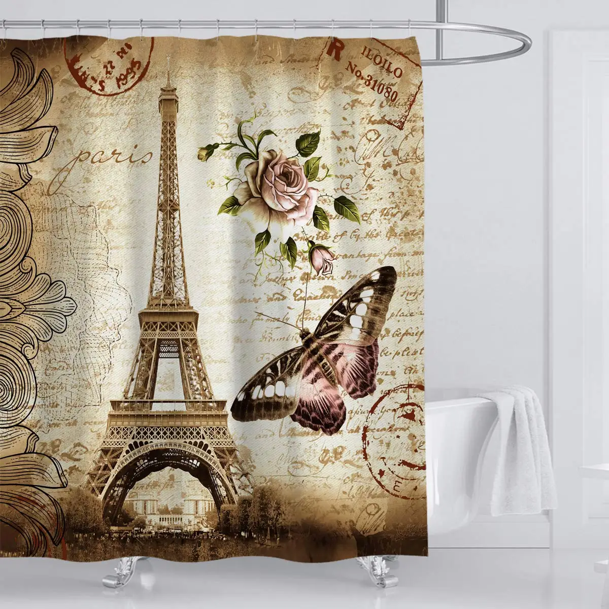 Nordic Стиль Эйфелева башня Марка с бабочкой душ Шторы полиэстер Душ