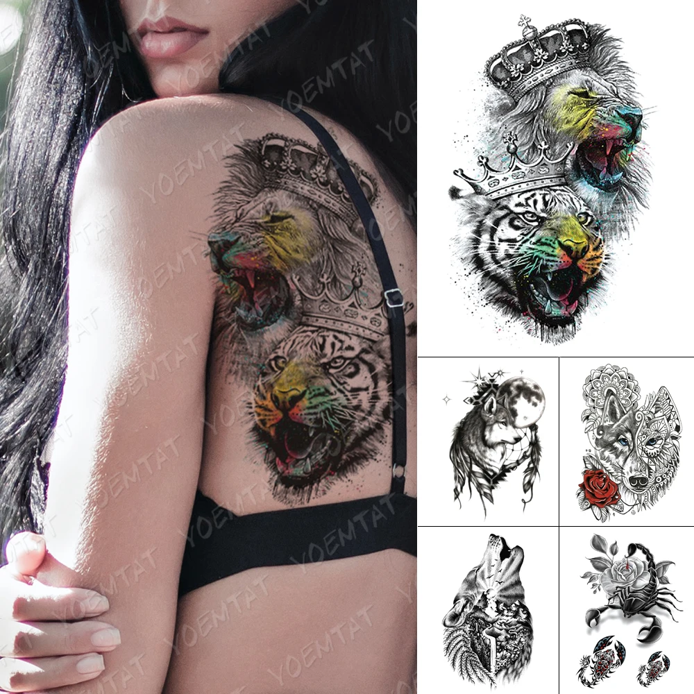 

Waterproof Temporary Tattoo Stickers Lion Tiger Leopard Animal Crown Flash Tattoos Female Back Body Art Fake Sleeve Tatoo Male