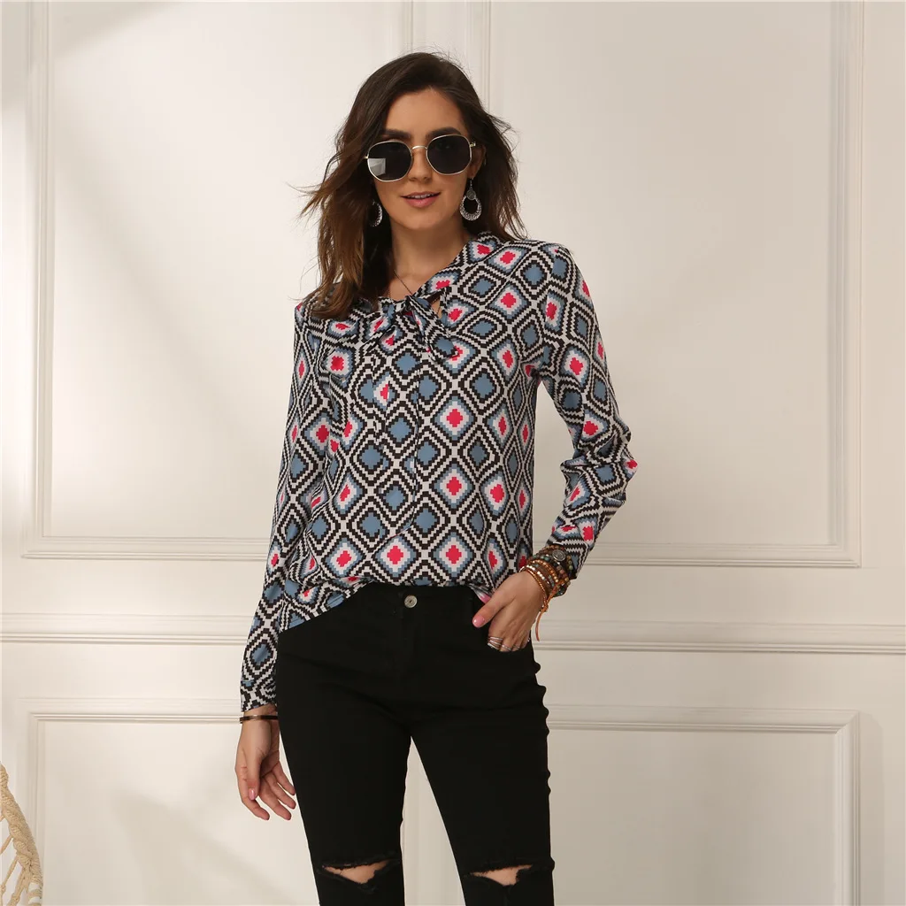 Женская шифоновая блузка размера плюс рубашки в клетку с бантом на воротнике