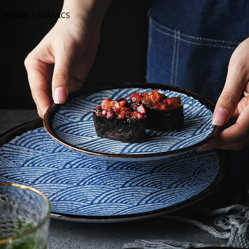 

Japanese-style Sea Ripple Printing Ceramic Tableware Sushi Round Plate Household Kitchen Dinner Plates Restaurant Serving Tray