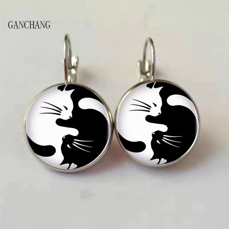 silver-1 Стеклянные черные и белые серьги с двумя котами женские модные серьги, индивидуальный заказ / новые ювелирные изделия серебро/бронза - Окраска металла: silver-1