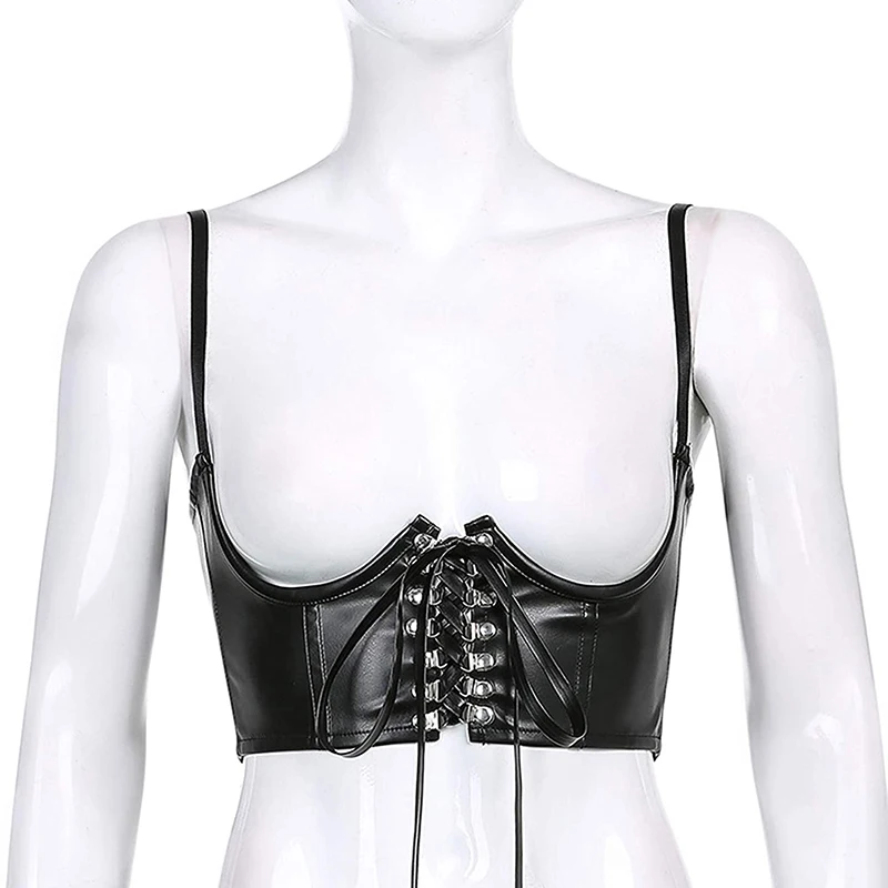 

Women Fashion Sexy PU Leather Corset Goth Punk Lace-Up Bandage Black Bustier Streetwear Underbust Support Braces Shaper Top