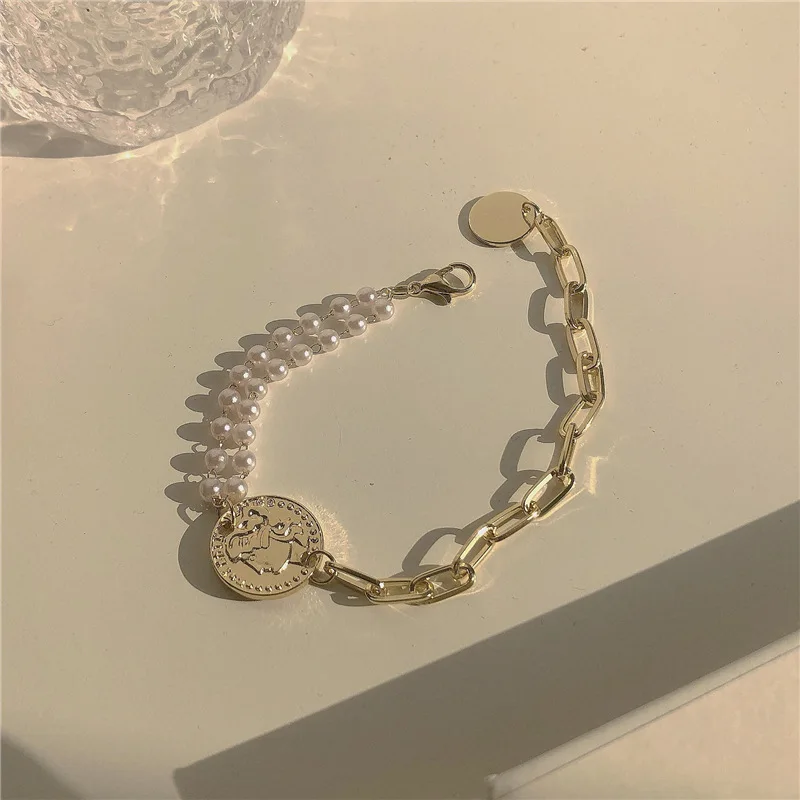 

Double layer portrait pearl bracelet, versatile personality, chain splicing bracelet, simple temperament