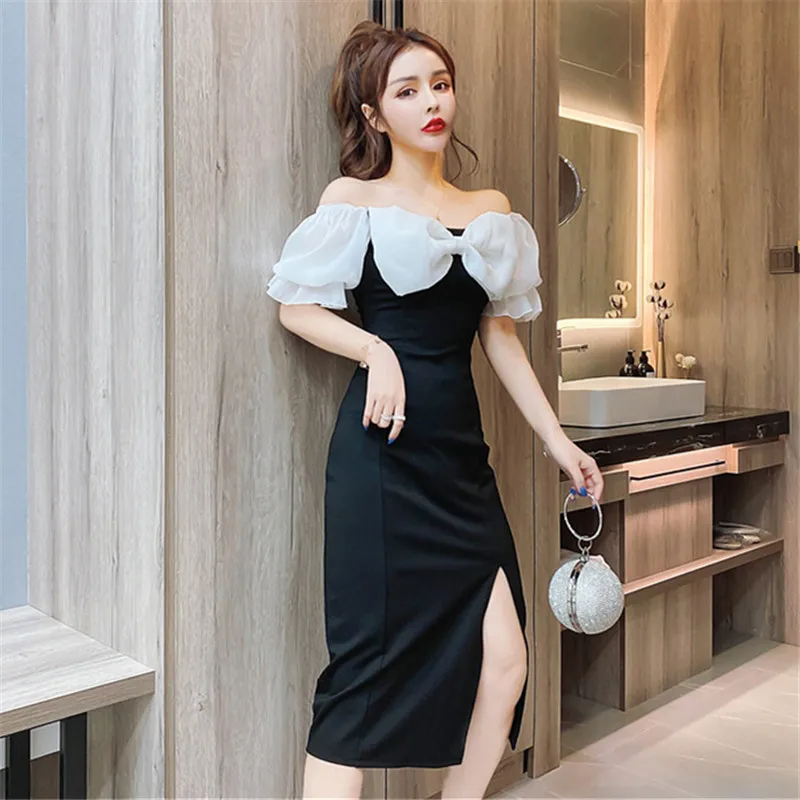 

New sexy word shoulder bowknot short sleeve mid-length high waist temperament slim dress