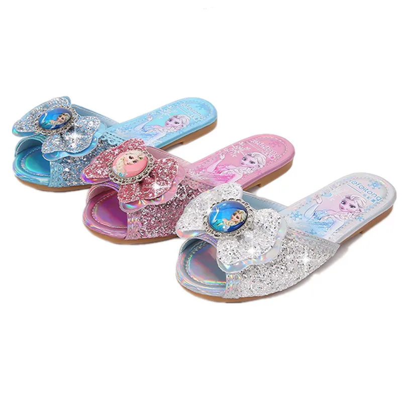 

2021Disney Girls Summer Sandals Slipper Sequined Princesse Children Flat Heel Party Dress Elsa Shoes Leather Slipper for Girls