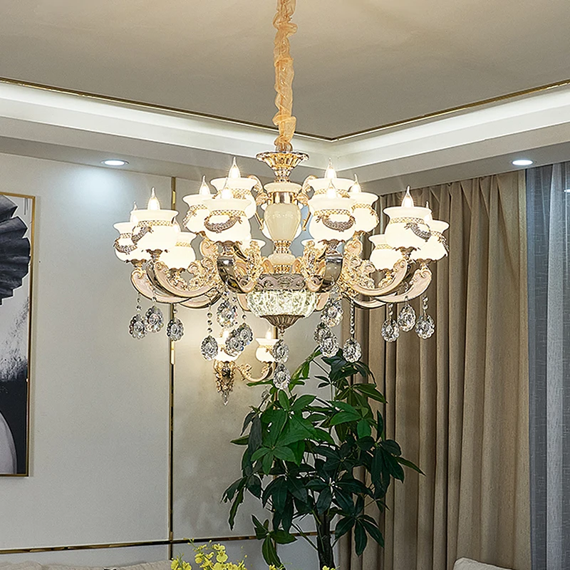 

LED Modern European Crystal Jade Chandelier Luxury Light Classical Lamp Lustre Vintage Suspension Luminaire Living Room Bedroom