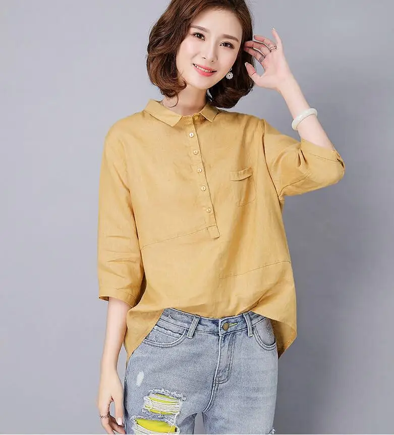 

New Arrival Summer Style Women Shirts Plus Size Loose Half Sleeve Casual Shirts Cotton Linen Blouses Solid Female Tops