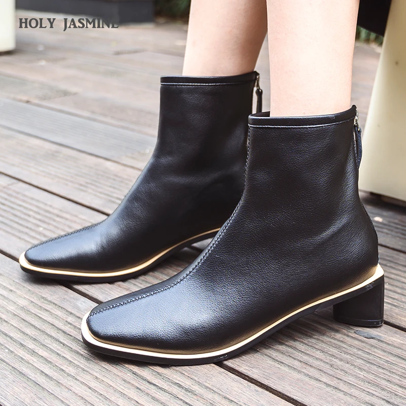 Ботильоны женские из натуральной кожи на высоком каблуке с квадратным