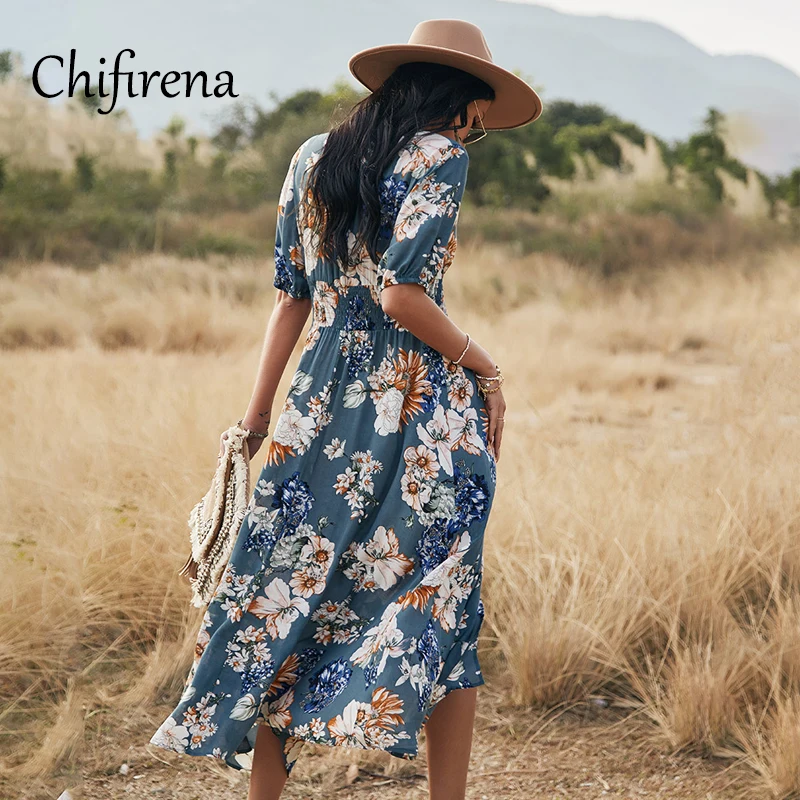 

Chifirena 2021 Summer Women Dress Short Sleeve Bandage Long Dresses Beach Boho Floral Print Sundress High Waist Party Vestidos