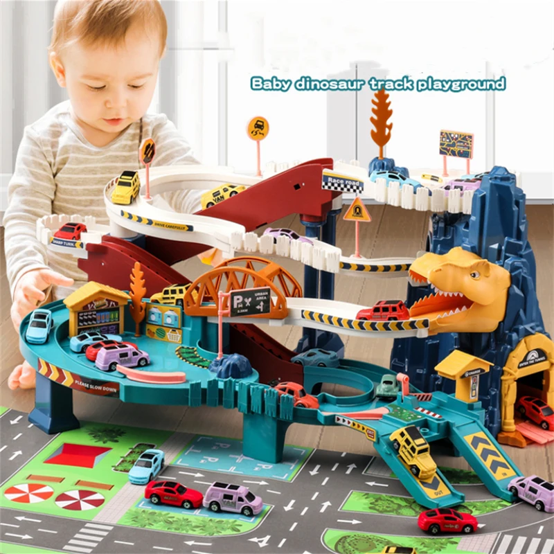 Dinosaur Toys Car Dino Adventure Curved Road Track Rail Vehicle Parking Lot Kids Boys Interaction Games Children Birthday Gifts images - 6