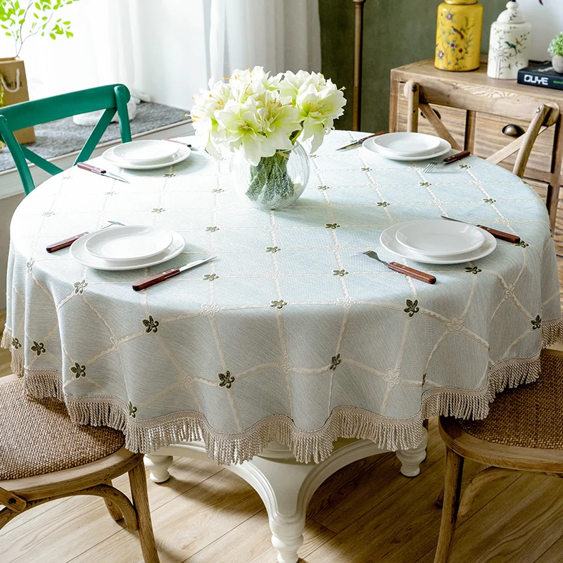 

Luxury Table Cloth Round Table Cover Leaves Embroidered Wedding Party Home Tablecloth Cotton Linen Tablecloths with Tassel