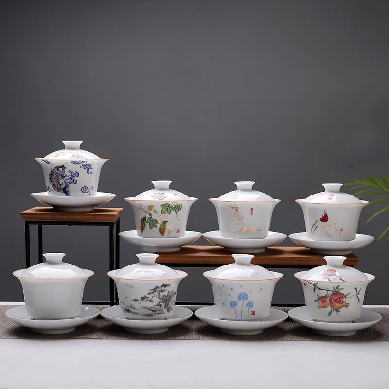 

High Quality Gaiwan White Porcelain Kung Fu Drinkware Travel Ceramic Tea Bowl with Lid Chinese Office Teacup Creative Water Mug