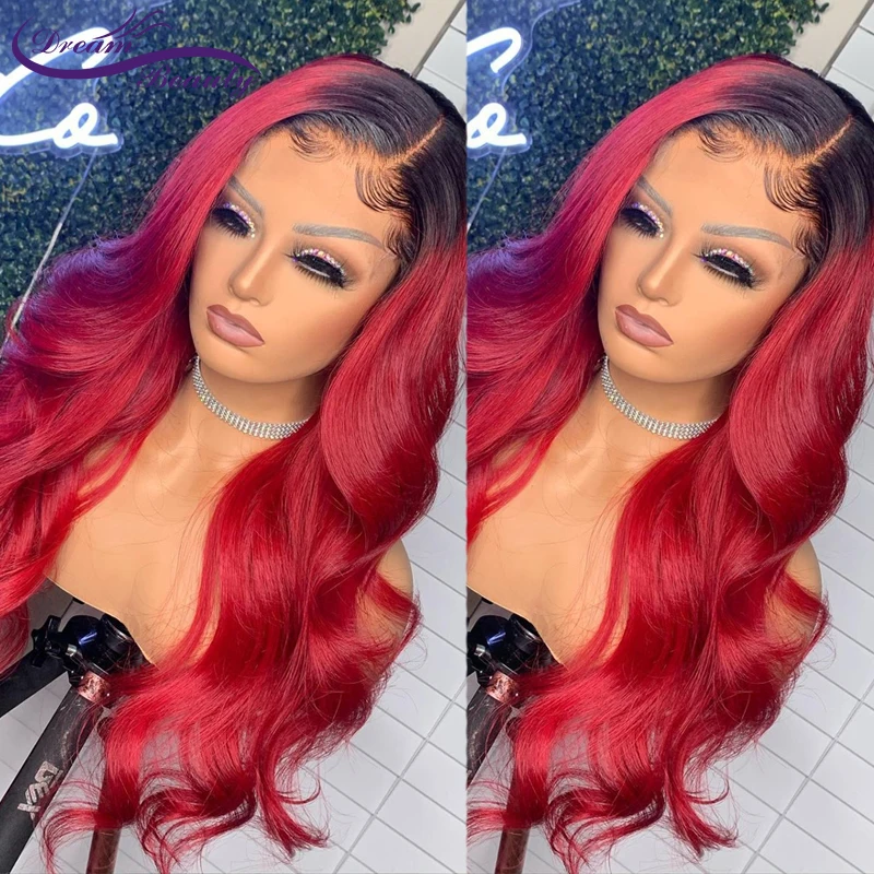 

Ombre Red Color Wave Human Hair Lace Frontal Wigs Brazilian 13x6 Lace Front Human Hair Wigs Red Colored Ombre for Women