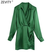zevity women fashion turn down collar solid side buttons slim satin dress office lady chic long sleeve party mini vestido ds8955