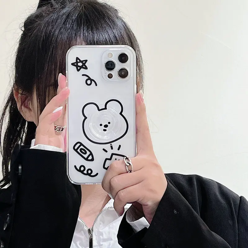 

Cute Pink Plush Bunny Bracket Grid Phone Case For iPhone 13 12 11 Pro Max 7 8 PLUS X XS MAX XR With Stand Holder Soft Back Cover