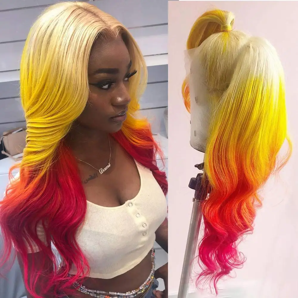 Yellow Ombre Red Wig Колодо 3 тона Омбре человеческие волосы парик предварительно сорванный Remy бразильский 613 волнистый парик бесклеевой прозрачный фронтальный парик шнурка для женщин - Цвет: Yellow Ombre Red Wig
