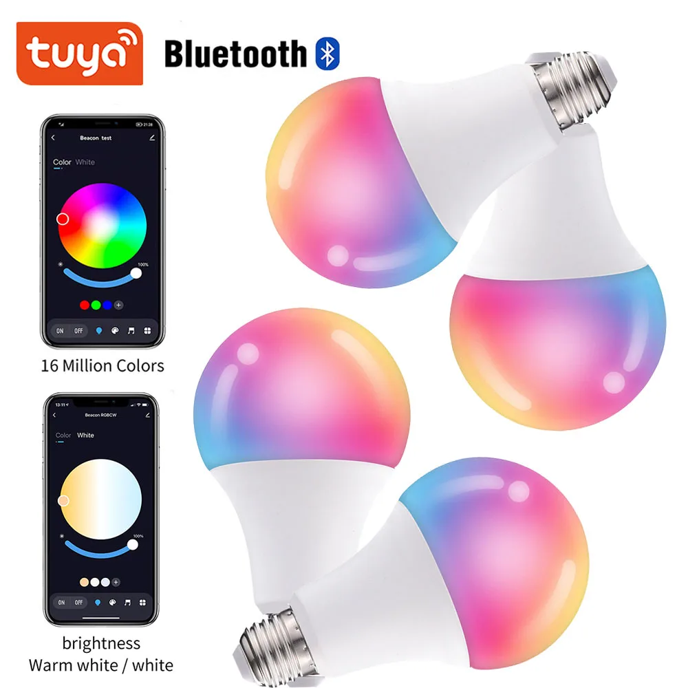 

Умная светодиодсветильник лампа Tuya, 4 шт., 15 Вт, Bluetooth-совместимая лампа E27, RGB, холодный + теплый белый свет, меняющий цвет, 110 В/220 В, украшение дл...