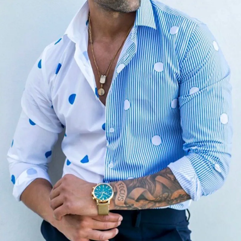 

New Arrivals Men Long Sleeve Shirts Loose Casual Cardigan Blue White Men Shirt Fashion Korea Style Polka Dot Printed Tops Male