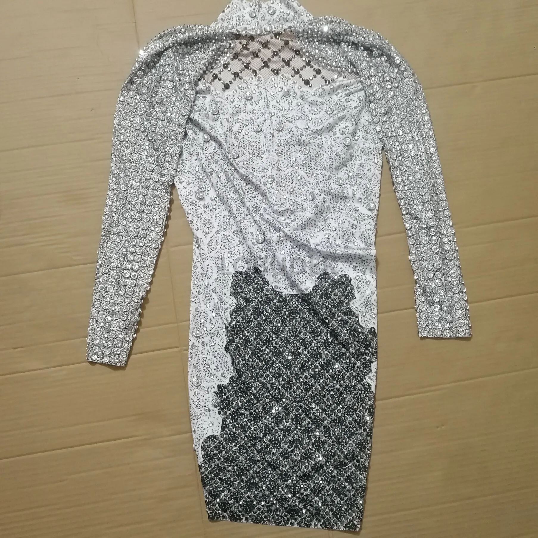 

Women Evening Party Birthday Celebrate Rhinestones Dress Long Sleeve Spandex Print Stretch Package Hips Short Dresses