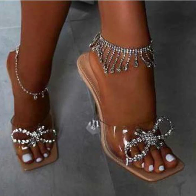 

Сандалии женские прозрачные на высоком каблуке, ПВХ, квадратный носок, пряжка, кристаллы, Подсолнухи, летняя обувь, большие размеры