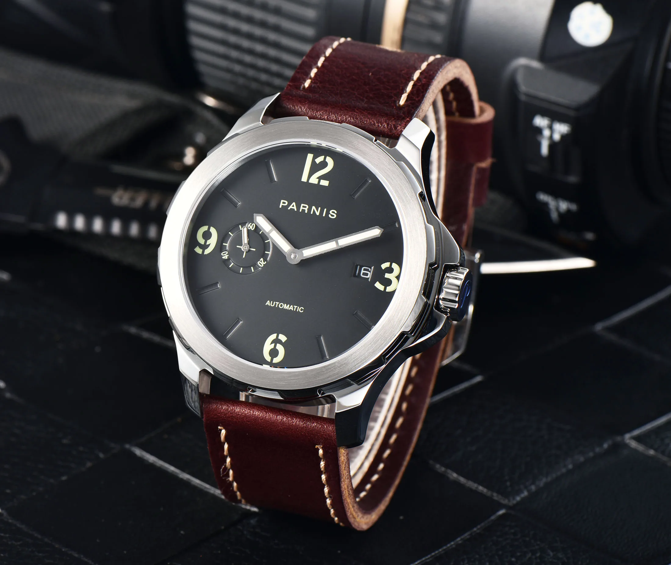 Мужские автоматические механические часы с календарем и кожаным ремешком 44 мм |