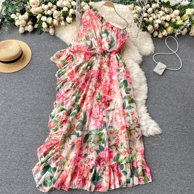 

Dresses For Women 2021European American Floral Maxi Vestidos Women's Diagonal Collar One-shoulder Ruffled Temperament Dress