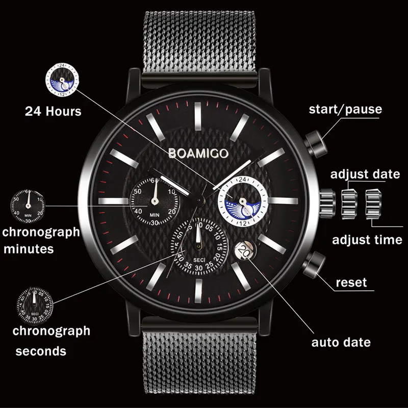 Мужские часы BOAMIGO водонепроницаемые кварцевые деловые мужские роскошные ведущей